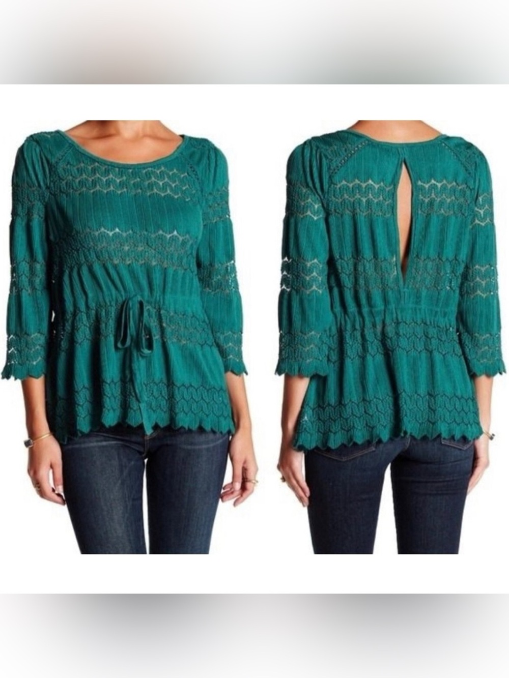 Free People Fire Island Teal Lace-Paneled Peasant Blouse